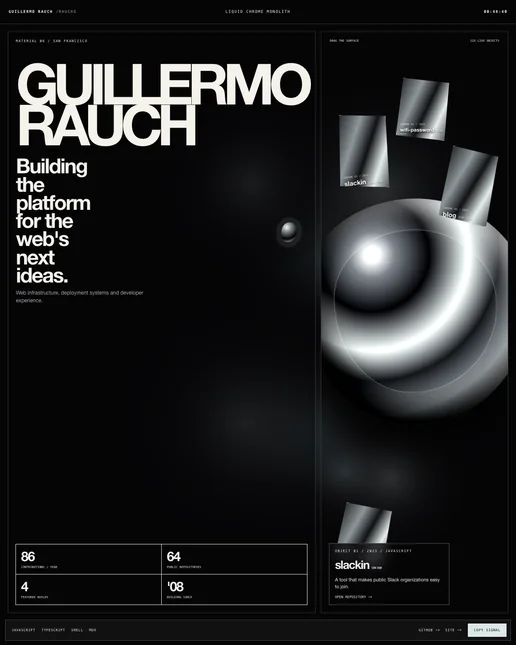 Guillermo Rauch's liquid-chrome-monolith portfolio example